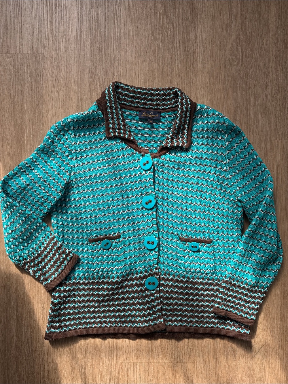 Luisa Spagnoli Turquoise Brown Cotton Knit Cardigan Jacket Size M
